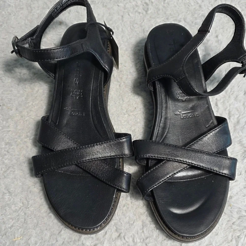 Tamaris Soft Black Leather Micro Wedge Sandals Womens EU‎ 37 US 6.5 Strappy NEW